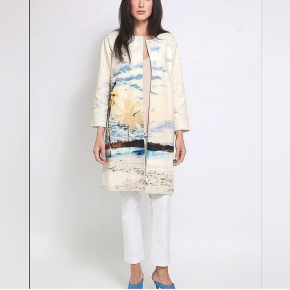 LORD + TAYLOR 424 Fifth Artistic Beach Palm Scene Coat. Size 4 - Picture 2 of 10